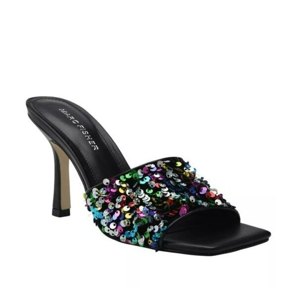 NWT MARC FISHER Women's Danria Sequin Stiletto Heel Sandals Dress Slip-on Heels - Picture 2 of 8